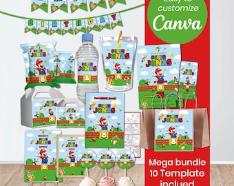 Super Mario Mega Party Bundle | 10 Printable Templates | Birthday Decor Pack | Editable Canva Files | Instant Download
