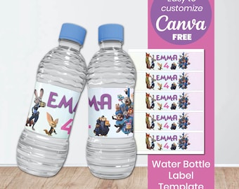 Zootopia Birthday Water Bottle Labels | Editable Canva Template (Digital Download)