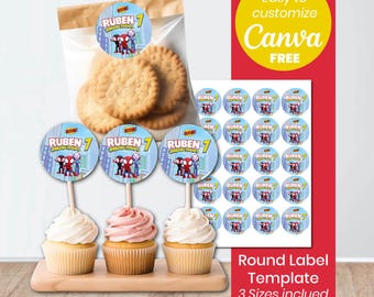 Spidey Round Labels Template | Spidey and His Amazing Friends Canva Template | Superhero Cupcake Toppers | Birthday Party Stickers