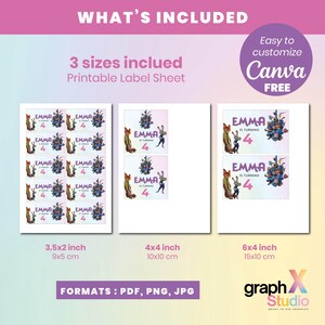 May include: Printable label sheet with three sizes: 3.5x2 inches, 4x4 inches, and 6x4 inches. The labels feature the name "EMMA" and the number "4" with a fox and a rabbit illustration. The labels are customizable with Canva.
