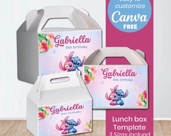 Plantilla de lonchera de Stitch Angel / Plantilla editable de caja en Canva / Recuerdos de fiesta de cumpleaños de Lilo y Stitch / Caja de dulces imprimible / Descarga instantánea