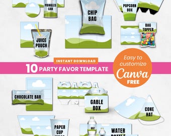 Party Favor Template Bundle | 10 Canva Editable Templates | Chip Bag, Juice Pouch, Water Bottle, Cup Wrap, Gable Box | Instant Download