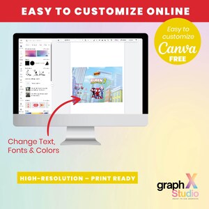 May include: A computer monitor displays a design interface with the text "Easy to customize Canva FREE". The screen shows a cartoon image with the text "RUBEN 7". The image also includes the text "Change Text, Fonts & Colors" and "HIGH-RESOLUTION - PRINT READY".