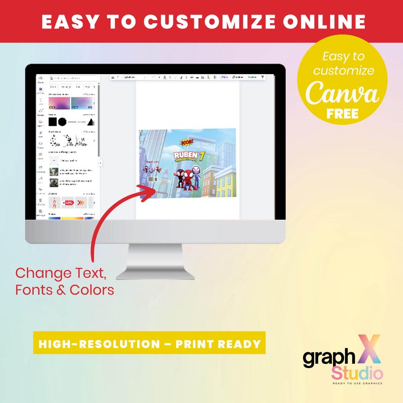 May include: A computer monitor displays a design interface with the text "Easy to customize Canva FREE". The screen shows a cartoon image with the text "RUBEN 7". The image also includes the text "Change Text, Fonts & Colors" and "HIGH-RESOLUTION - PRINT READY".