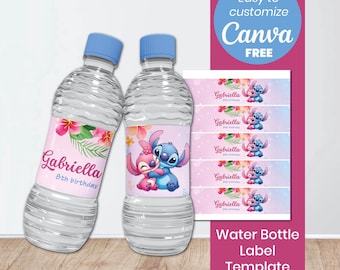 Stitch Water Bottle Labels Template | Lilo Stitch Birthday Party Decor | Editable Canva Template | Angel Stitch Drink Labels | Printable