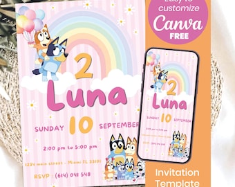 Bluey Girl Invitation | Pink Bluey Birthday Party Decor | Editable Canva Template |Girl Birthday Party Favors | Instant Download