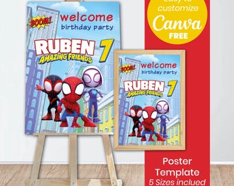 Spidey Welcome Sign Template | Spidey and His Amazing Friends Birthday Sign | Editable Canva Template | Superhero Party Decor