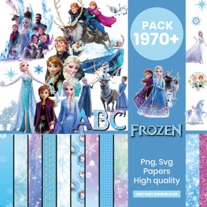 Può includere: Una collezione di arte digitale con personaggi del film d'animazione "Frozen". L'immagine include varie illustrazioni di Elsa, Anna, Olaf, Kristoff e Sven, insieme al testo "FROZEN" e "PACK 1970+". Lo sfondo ha uno schema di colori blu e viola.