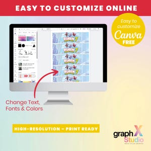 May include: A computer monitor displays a design template with the text "RUBEN 7" and superhero graphics. The screen also shows editing options. Text on the image includes "Easy to Customize Online," "Change Text, Fonts & Colors," and "High-Resolution - Print Ready."