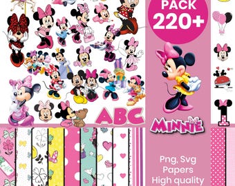 Minnie Mouse Clipart Bundle | Disney Minnie PNG SVG JPG | Pink Minnie Mouse Clipart | Birthday Party Decorations | 220+ Elements
