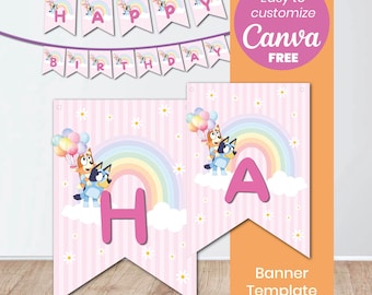 Bluey Girl Birthday Banner | Pink Bluey Party Decor | Happy Birthday Bunting | Editable Canva Template | Party Favors | Instant Download