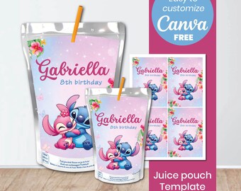 Stitch and Angel Juice Pouch Template | Lilo and Stitch Canva Template | Editable Capri Sun Label | Hawaiian Birthday Party Favor