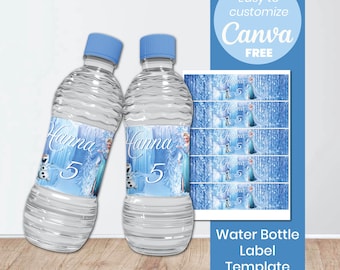 Frozen Water Bottle Labels | Editable Canva Free Template | Ice Princess Birthday | Printable Digital Download