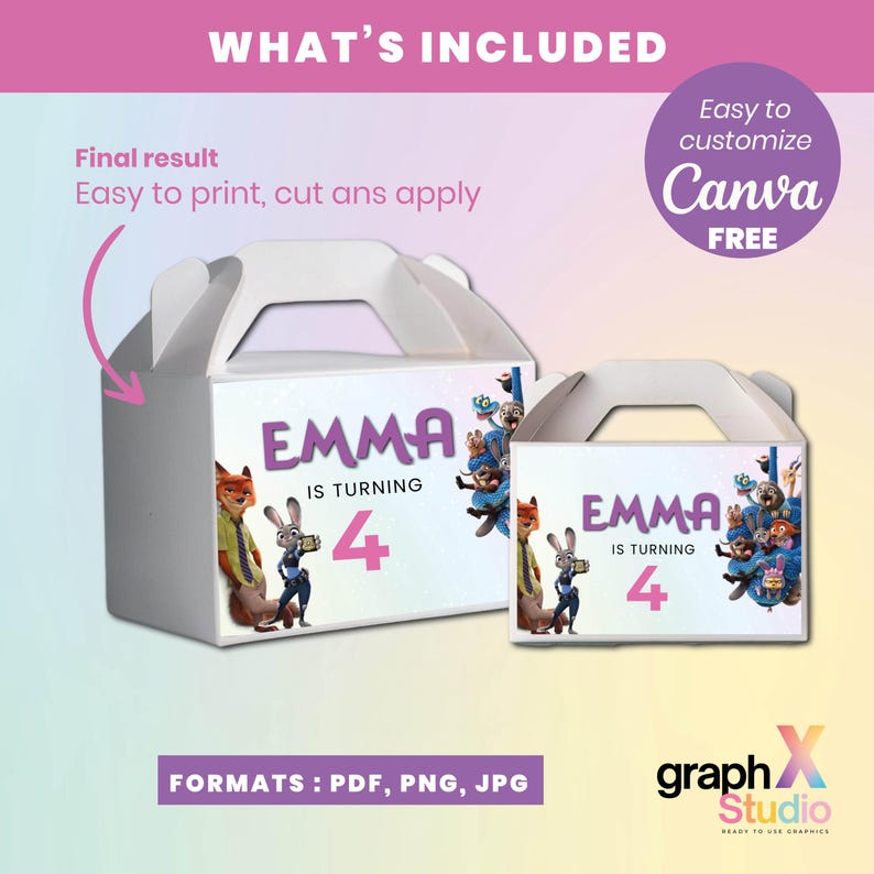 May include: Two white gable boxes with handles, featuring the text "EMMA IS TURNING 4" and cartoon characters. The boxes are decorated with images of a fox, a rabbit, and other characters. The image also includes the text "Easy to customize Canva FREE".