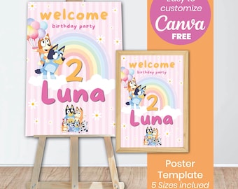 Bluey Girl Welcome Sign | Pink Bluey Birthday Party Decor | Editable Canva Template | Girl Birthday Party Favors | Digital Download