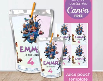 Zootopia Juice Pouch Wrapper | Editable Canva Template | Zootopia Birthday Party Decor | Digital Download