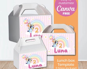Bluey Girl Lunch Box, Pink Bluey Gable Box Label, Birthday Party Favors, Editable Canva Template, Girl Party Decor, Instant Download