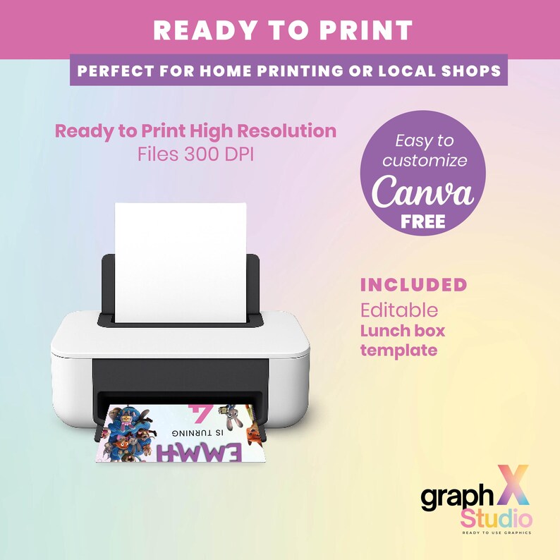 May include: A white printer with a black top is shown with a printed sheet of paper coming out. The text on the paper says "EMMA IS TURNING 7". The image also includes text that says "READY TO PRINT" and "Canva FREE".