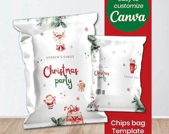 Christmas Chips Bag Template | Santa Party Favor Wrapper | Holiday Snack Bag | Printable Canva | Instant Download