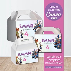 May include: White lunch box template with a handle, featuring the name "EMMA IS TURNING 4" and cartoon characters. The design includes a purple and pink color scheme, with the text "Easy to customize Canva FREE" and "Lunch box Template 3 Sizes included".