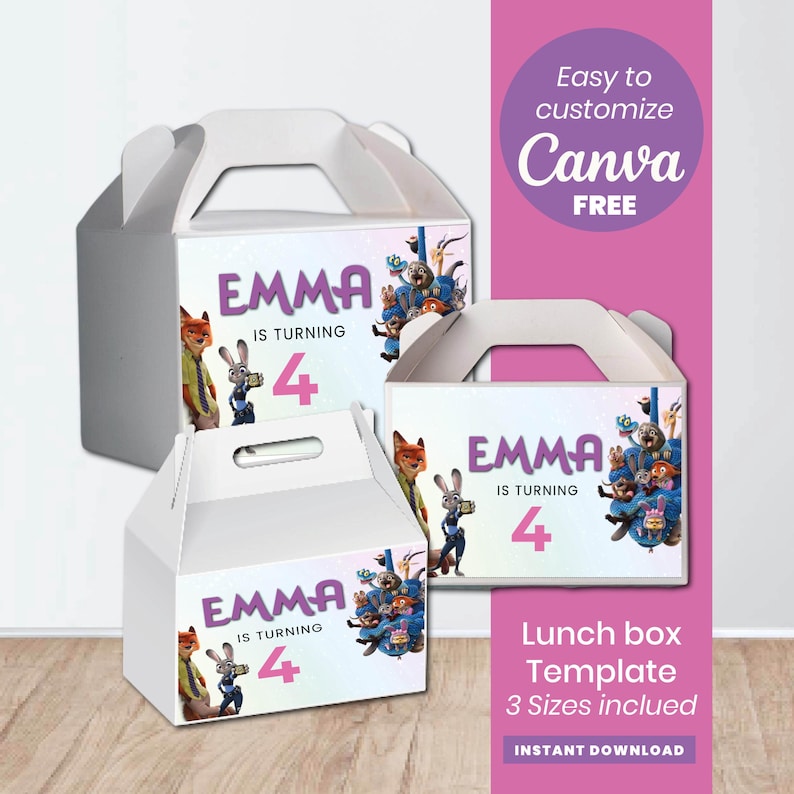 May include: White lunch box template with a handle, featuring the name "EMMA IS TURNING 4" and cartoon characters. The design includes a purple and pink color scheme, with the text "Easy to customize Canva FREE" and "Lunch box Template 3 Sizes included".