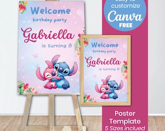 Stitch Angel Welcome Sign Canva Template | Lilo Stitch Birthday Welcome Poster Editable | Girl Birthday Party Sign Printable | Stitch Decor