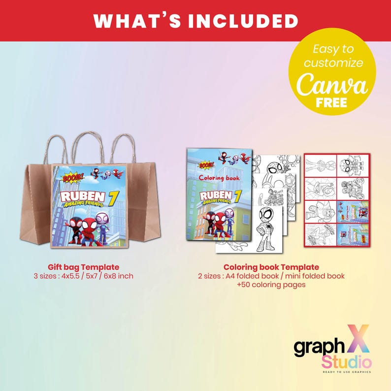 Pu&ograve; includere: Set di modelli per feste per bambini, tra cui sacchetti regalo e libri da colorare. Il modello del sacchetto regalo &egrave; disponibile in tre dimensioni: 10.16x13.97cm, 12.7x17.78cm e 15.24x20.32cm. Il modello del libro da colorare include formati A4 e mini libro piegato con 50 pagine.