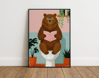 Funny Bear Bathroom Print – Quirky Animal Toilet Wall Art, Reading Poster, Home Humour