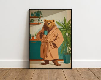 Funny Bear Coffee Print – Retro Animal Bathroom Wall Art, Coffee Lover Gift, Grizzly Robe Poster, Home Decor