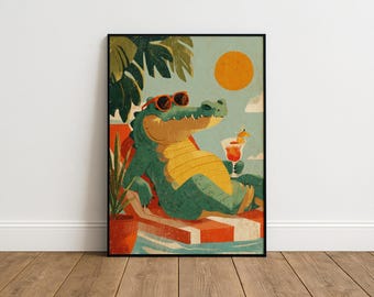 Zabawny nadruk z krokodylem koktajlowym – retro plakat ścienny ze zwierzętami przy basenie, dekoracja baru, oryginalny prezent do domu