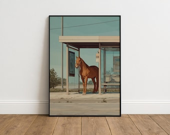 Funny Surreal Horse Print – Quirky Retro Animal Wall Art, Weird Home Decor, Bold Poster