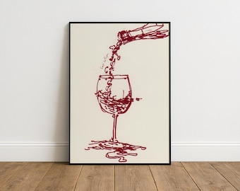 Minimalist wine line art print, funny kitchen wall decor, bar poster, wine lover gift