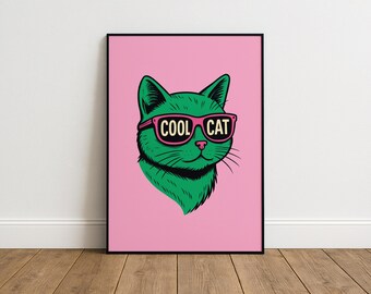 Cool Cat Print – Funky Pop Art Cat Poster, Retro Cat Wall Art, Funny Cat Lover Gift, Bold Animal Decor