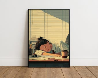 Overwhelmed at Desk Print – Funny Retro Office Wall Art, Burnout Poster, Work Humour Gift for Coworker