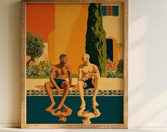 プールサイドでの会話を描いたアートプリント｜地中海風ウォールアート｜現代具象絵画｜デジタルダウンロード