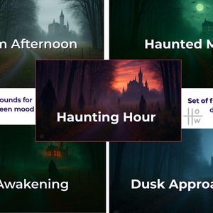Peut inclure: Ensemble de cinq arrière-plans virtuels pour une ambiance Halloween à distance. Les images présentent des scènes effrayantes avec des châteaux, des forêts et des silhouettes. Titres : "Calm Afternoon", "Haunted Moon", et "Haunting Hour".
