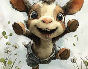 Baby Goat Jumping in Clover Field Print – Farm Animal Nursery Wall Art (Digital Download)