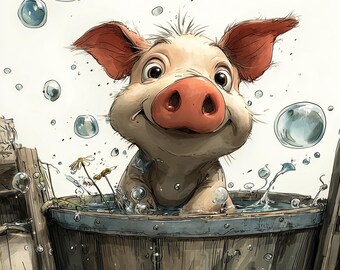 Piglet Bath Time Watercolor Print – Farm Nursery Wall Art (Digital Download)