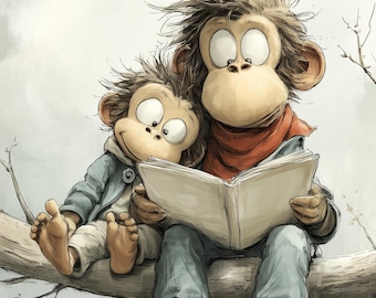 Monkey Reading to Baby Print: Jungle Nursery Decor (Digital Download)