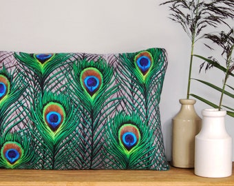 Peacock Feathers Cushion - handmade digitally printed silk cushion - 2 Sizes Available