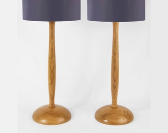 One-off Pair of Small Natural Oak Bedside Table Lamps - handturned in England