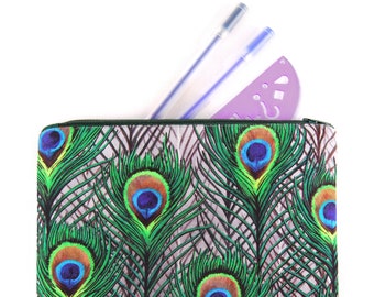 Peacock Feathers Zippped Bag - hecho a mano con seda impresa digitalmente