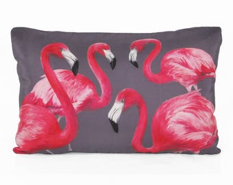 Flock of Flamingos Cushion - cojín de seda impreso digitalmente hecho a mano