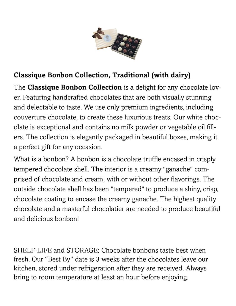 Op de afbeelding: Een doos met verschillende bonbons genaamd Classique Bonbon Collection, Traditioneel (met melk). De bonbons zitten in een witte doos met een gouden lint. De tekst op de doos luidt "Classique Bonbon Collection, Traditioneel (met melk)".