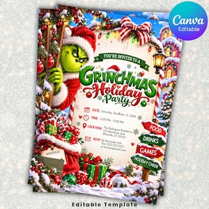 May include: A Grinchmas Holiday Party invitation template featuring a green character in a Santa hat, red and green gift boxes, and festive decorations. The text includes event details like date, time, location, and RSVP information on a light background.