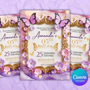 Butterfly Birthday Invitation, Girl Butterfly Party, Purple Butterfly Birthday Invite, First Birthday Invitation, Editable Canva Template