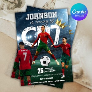 May include: Soccer-themed birthday invitation featuring a soccer player in a red and green jersey. The invitation includes the text "JOHNSON is Turning 06" and "CR7", along with event details and a soccer ball graphic. The Canva Editable logo is visible.