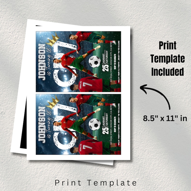 May include: Two soccer-themed birthday party invitations. The design features a soccer player in a red jersey, a soccer ball, and the text "JOHNSON is turning 06". The invitations are 8.5" x 11" in size.