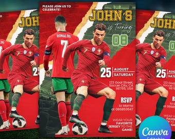 Cristiano Ronaldo verjaardagsuitnodiging, kinderverjaardag, Cristiano Ronaldo-feestuitnodiging, voetbaluitnodiging, bewerkbare Canva, Portugal, CR7