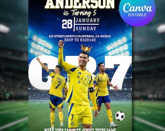 Invito di compleanno di Ronaldo, invito CR7, invito modificabile di Ronaldo, invito di calcio, modello Canva, download immediato, QUALSIASI ETÀ